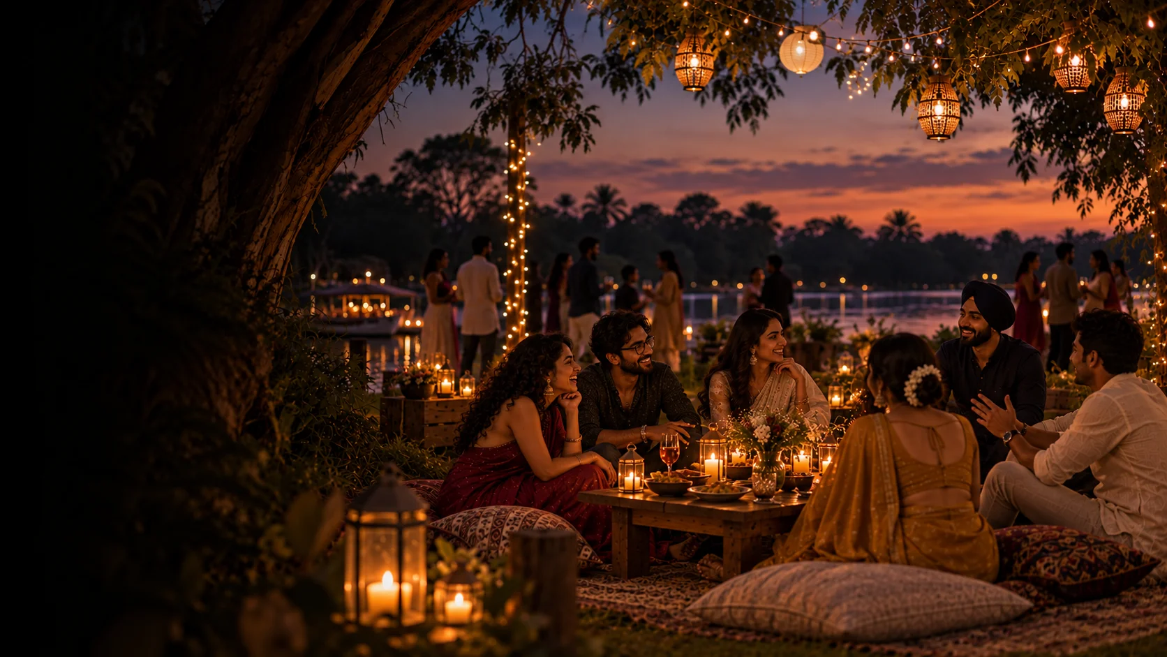 Friends celebrating at golden hour on a lit rooftop in Hyderabad